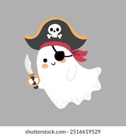 Cute Halloween ghost. Ghost in a pirate costume. Print, design element. Child vector flat illustration in hand drawn style isolated on background. 