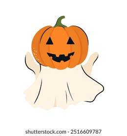 Cute Halloween ghost pumpkin character design. Vector illustration in flat and Doodle style for the october holiday Halloween