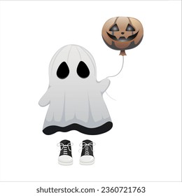 A cute Halloween ghost with a pumpkin. A funny ghost.