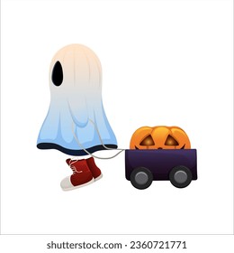 Ein süßer Halloween-Geist mit Kürbis. Ein lustiger Geist.