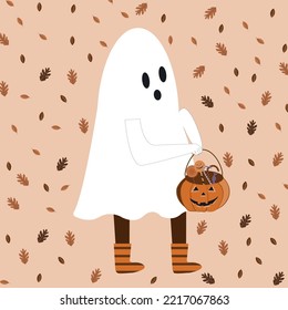 cute Halloween ghost, pumpkin on orange background
