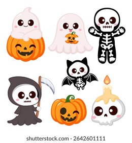 Cute halloween ghost, pumpkin and skeleton clip art