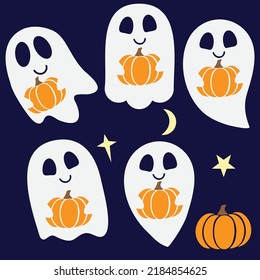 Cute Halloween ghost and pumpkin vector cartoon illustration