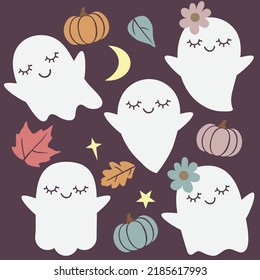 Cute Halloween ghost and pumpkin 
vector cartoon illustration