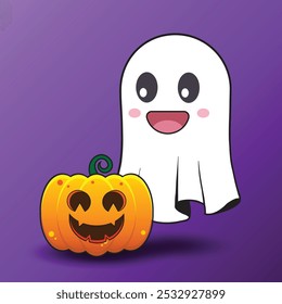 Cute Halloween Ghost and Pumpkin Vector Illustration