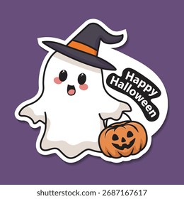 Lindo fantasma de Halloween con calabaza y bruja sombrero pegatina
