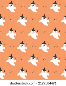 Cute Halloween ghost seamless pattern design. Vector illustration.