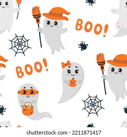 Cute halloween ghost seamless pattern. Seamless pattern for Halloween holiday with cute ghost. Vector Illustration. Childish background for fabric, wrapping paper, textile, wallpaper and apparel. 