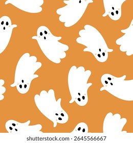 Cute Halloween ghost seamless pattern. Spooky Halloween hand drawn vector pattern in flat style