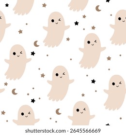 Cute Halloween ghost seamless pattern. Spooky Halloween hand drawn vector pattern in flat style