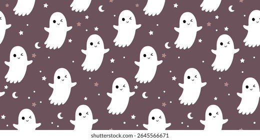 Cute Halloween ghost seamless pattern. Spooky Halloween hand drawn vector pattern in flat style