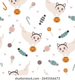 Cute Halloween ghost seamless pattern. Spooky Halloween hand drawn vector pattern in flat style