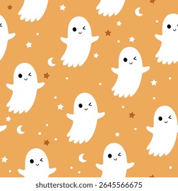 Cute Halloween ghost seamless pattern. Spooky Halloween hand drawn vector pattern in flat style