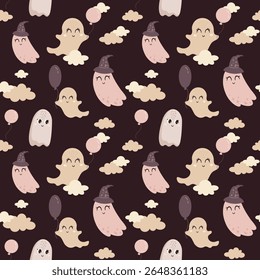 Cute Halloween ghost seamless pattern. Spooky Halloween hand drawn vector background	