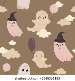 Cute Halloween ghost seamless pattern. Spooky Halloween hand drawn vector background	