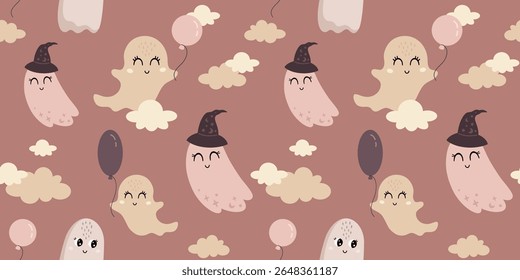 Cute Halloween ghost seamless pattern. Spooky Halloween hand drawn vector background	