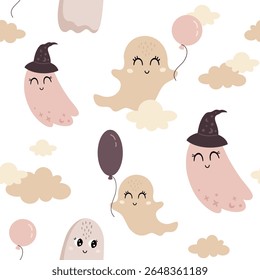 Cute Halloween ghost seamless pattern. Spooky Halloween hand drawn vector background	