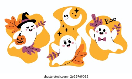 Cute Halloween ghost set with autumn leaves, moon, stars and pumpkin. Funny cartoon characters for kids party, greeting cards, stickers, decorations and prints.