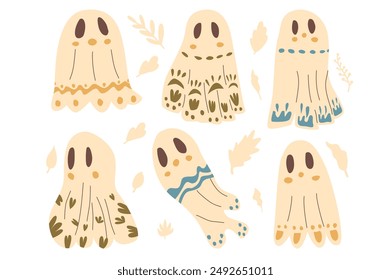 Cute Halloween ghost set with rustic pattern. Vector hand drawn flat illustration.