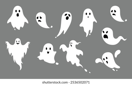 Fantasma de Halloween bonito definido na ilustração de vetor de cor branca. Dia das Bruxas. Ícone de fantasmas definido. Coleção de vários fantasmas assustadores e engraçados. Símbolos de alma para festas, celebrações, modelos e decoração.