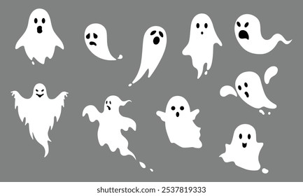 Fantasma de Halloween bonito definido na ilustração de vetor de cor branca. Dia das Bruxas. Ícone fantasma definido. Coleção de vários fantasmas assustadores e engraçados. Símbolos de alma para festas, celebrações, modelos e decoração.