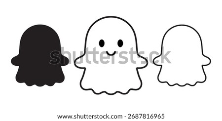 Cute Halloween Ghost Shape. Outline and Silhouette. Black and White Simple Icons.