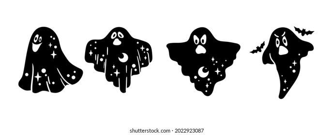 Cute halloween ghost silhouette bundle, funny celestial ghost black and white isolated clipart on white background, halloween party decor for cards, t-hirts, vector kids character