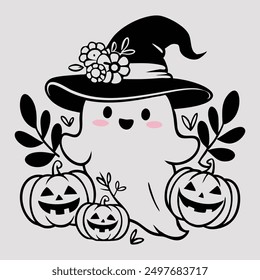 Cute Halloween Ghost  Silhouette with Witch Hat and Pumpkins Illustration,