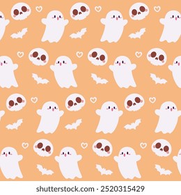 Cute Halloween Ghost and Skull Pattern on Orange Background. Adorable Halloween Ghosts, Skulls, and Bats Illustration. 
