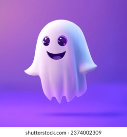 Espíritu de Halloween lindo sonriendo sobre un fondo morado. Ilustración del vector 3D