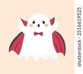 Cute Halloween ghost. Ghost in a vampire costume. Print, design element. Child vector flat illustration in hand drawn style isolated on background. 