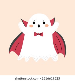 Cute Halloween ghost. Ghost in a vampire costume. Print, design element. Child vector flat illustration in hand drawn style isolated on background. 