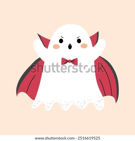 Cute Halloween ghost. Ghost in a vampire costume. Print, design element. Child vector flat illustration in hand drawn style isolated on background. 