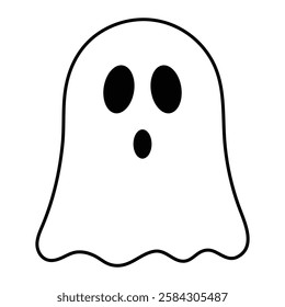 Cute Halloween ghost vector icon. Spooky cartoon spirit with black outline. Fun holiday illustration for decorations and designs.