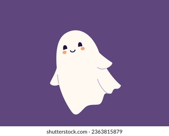 Cute halloween ghost vector illustration. Childish scary boo character for kids. Magic spirit with emotion, face expression smile. Halloween flat modern design isolated on dark background.