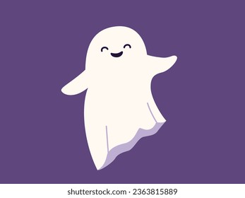 Cute halloween ilustración de vector fantasma. Carácter infantil de estafador para los niños. Fantasma divertida bailando en el aire. Espíritu mágico con emoción, expresión facial. Diseño de dibujos animados modernos y planos de Halloween.