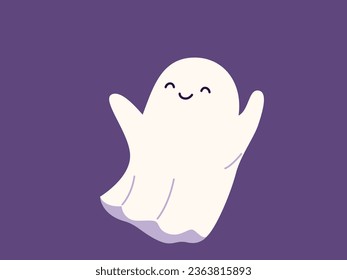 Cute halloween ilustración de vector fantasma. Carácter infantil de estafador para los niños. Fantasma divertida y feliz. Espíritu mágico con emoción, expresión facial. Diseño de dibujos animados modernos y planos de Halloween.