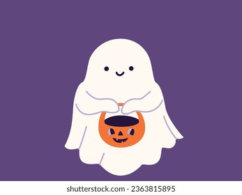 Cute halloween ghost vector illustration. Childish scary boo character for kids. Funny ghost holding pumpkin basket. Magic spirit with emotion, face expression. Halloween flat modern cartoon design.