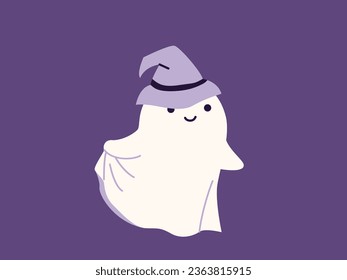 Cute halloween ghost vector illustration. Childish scary boo character for kids. Funny ghost wears witches hat. Magic spirit with emotion, face expression. Halloween flat modern cartoon design.