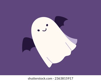 Cute halloween ghost vector illustration. Childish scary boo character for kids. Funny ghost wears bats wings. Magic spirit with emotion, face expression. Halloween flat modern cartoon design.