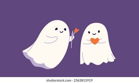 Cute halloween Geist Vektorgrafik. Kinderschändliche Bootfiguren für Kinder. Ein Geist gibt der anderen Blume, verliebt euch. Magische Geister mit Emotion, Gesichtsausdruck.