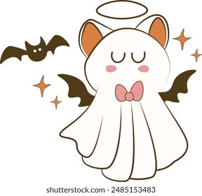 Cute Halloween ghost wearing Bat wings, Kitten ghost, cartoon doodle for Halloween, cat spooky vector, Spooky Season, retro ghost cute illustration vintage cartoon