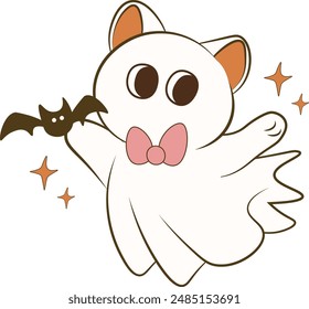 Cute Halloween ghost wearing Bat wings holding pumpkin, Kitten ghost, cartoon doodle for Halloween, cat spooky vector, Spooky Season, retro ghost cute illustration vintage cartoon