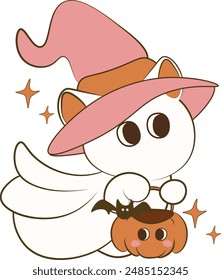 Cute Halloween ghost wearing witch pink hat holding pumpkin, Kitten ghost, cartoon doodle for Halloween, cat spooky vector, Spooky Season, Halloween, retro ghost cute illustration vintage cartoon