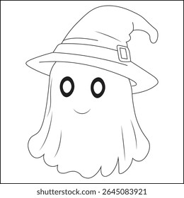Cute Halloween Ghost Wearing Witch Hat – Black and White Line Art coloring page.
