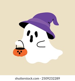 Cute halloween ghost with witch costume illustration