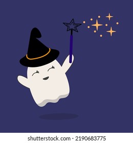 Cute Halloween ghost in witch hat. With wand. Does wonders. Funny spooky phantom, baby character smiling. Kawaii Helloween spook, spirit in sheet. Isolated childish flat illustration. Isolated.