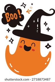 Fantasma de Halloween bonito com chapéu de bruxa dizendo boo ilustração de desenho animado