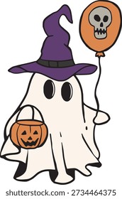 Fantasma lindo de Halloween con el sombrero de la bruja y el cubo de la calabaza, ilustración del truco o del trato de la historieta