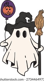 Cute Halloween Ghost Witch Holding Broom and Pumpkin Balloon, ilustração assustadora de desenhos animados